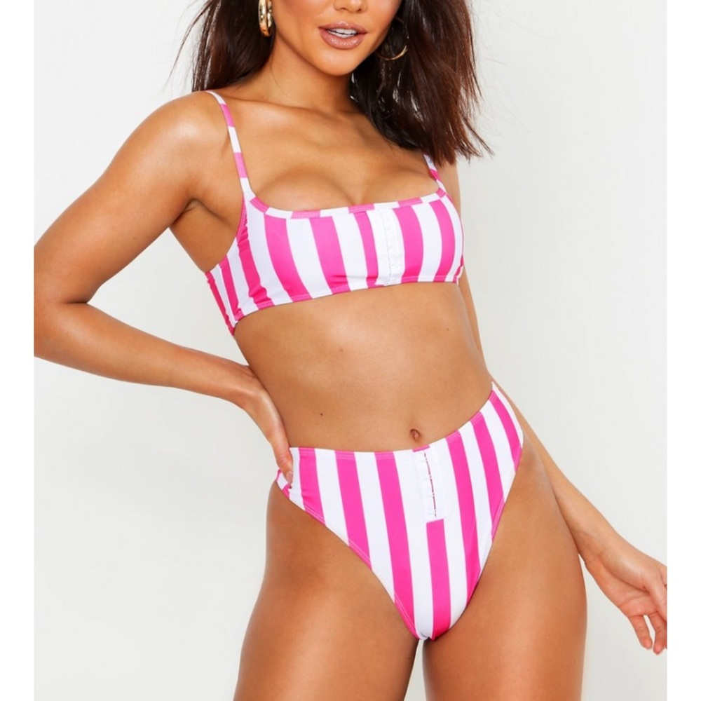 Pink/White High Waist Striped Two Piece
